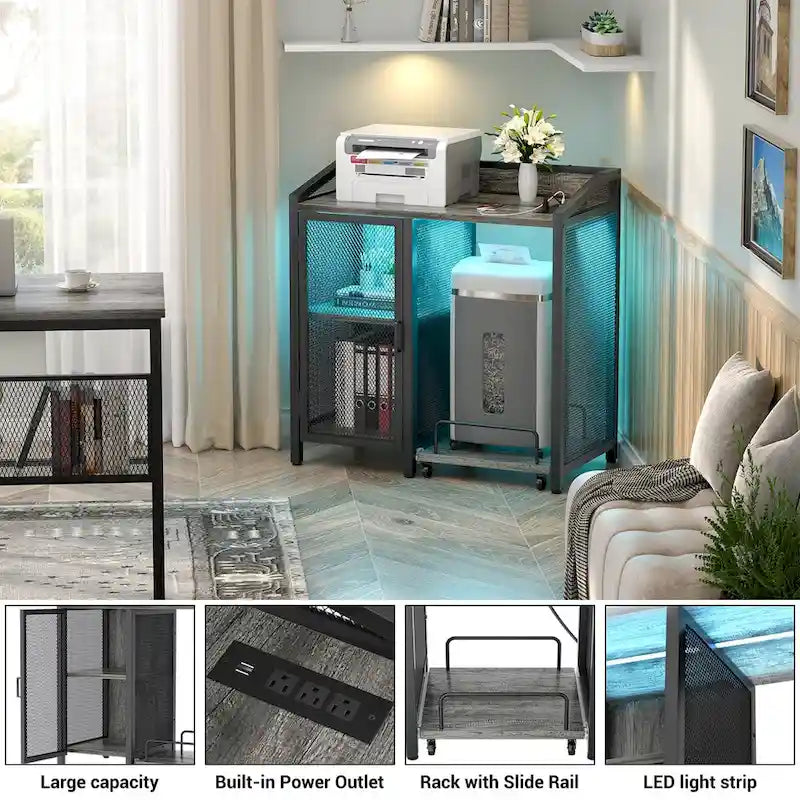 Classeur avec station de recharge, meuble de rangement avec support pour destructeur de papier sur roulettes