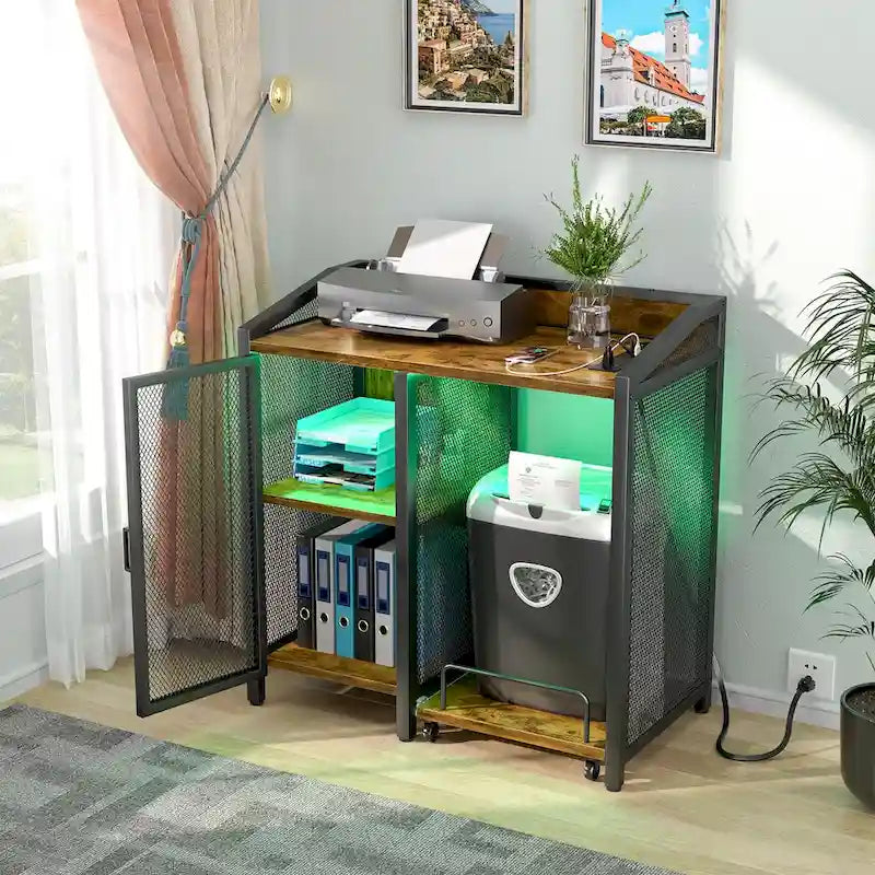 Classeur avec station de recharge, meuble de rangement avec support pour destructeur de papier sur roulettes