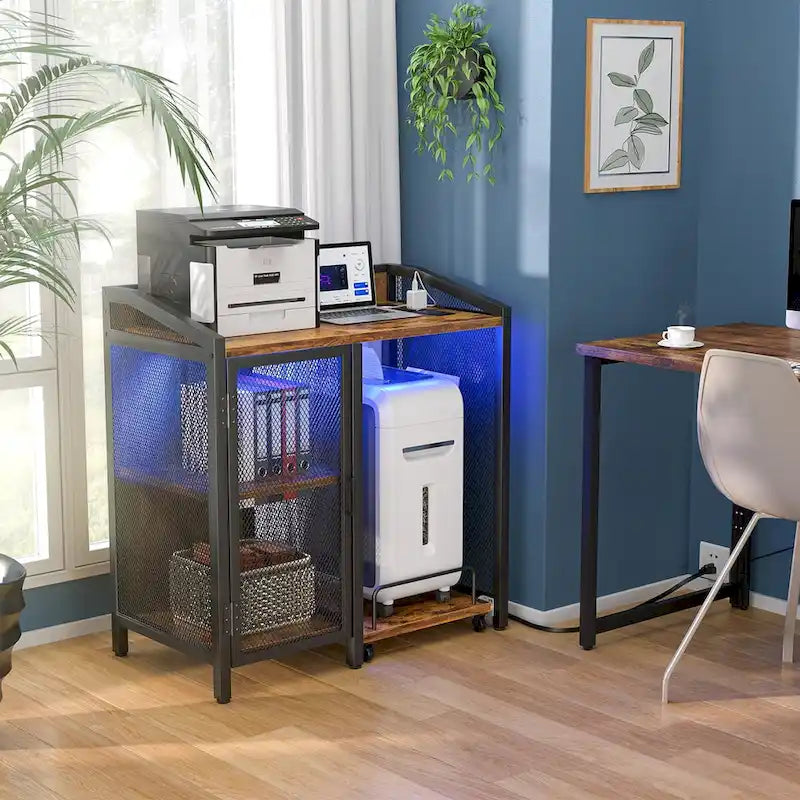 Classeur avec station de recharge, meuble de rangement avec support pour destructeur de papier sur roulettes
