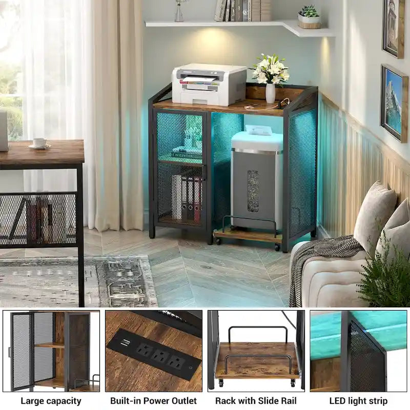 Classeur avec station de recharge, meuble de rangement avec support pour destructeur de papier sur roulettes