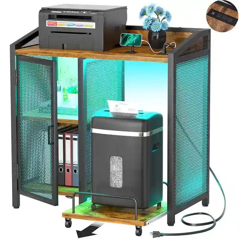 Classeur avec station de recharge, meuble de rangement avec support pour destructeur de papier sur roulettes