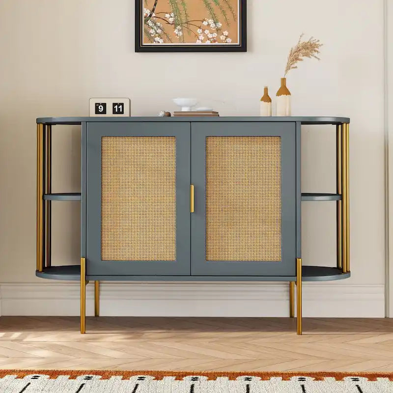 Meuble de salle à manger élégant à 2 portes incurvées avec garniture dorée et portes en rotin tressé pour salle à manger