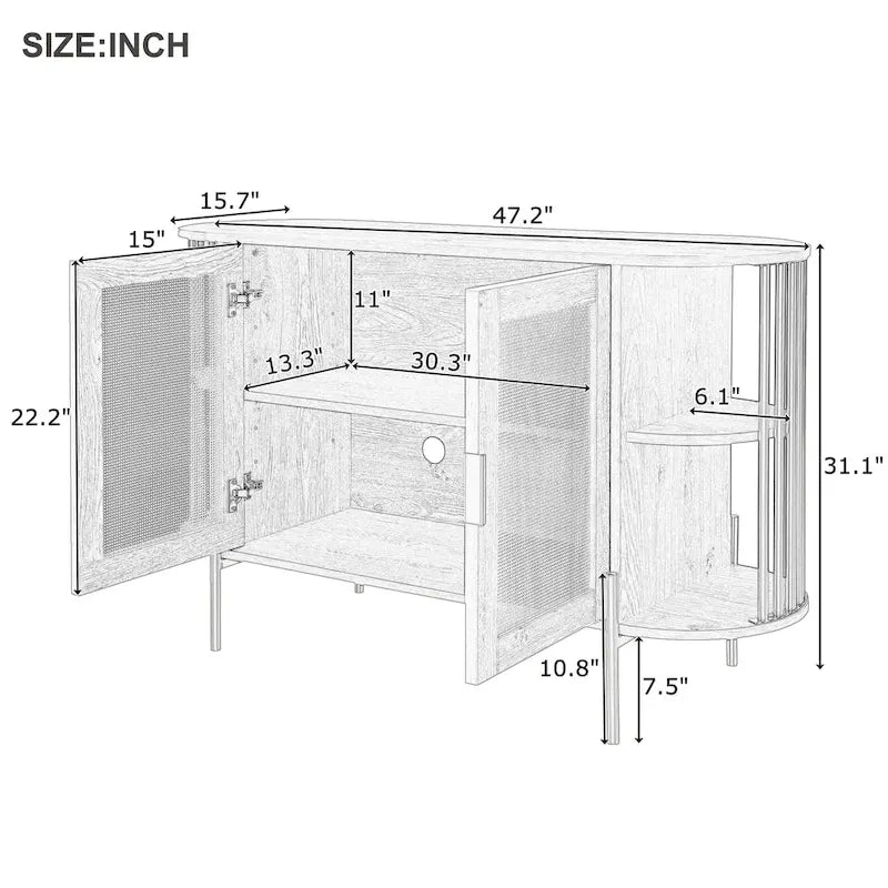 Meuble de salle à manger élégant à 2 portes incurvées avec garniture dorée et portes en rotin tressé pour salle à manger