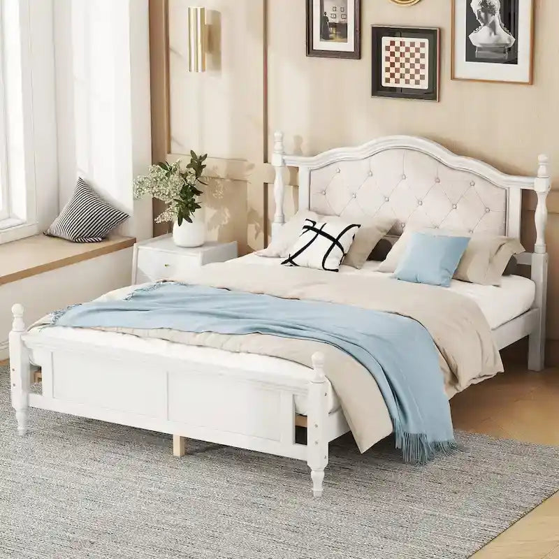 Lit Queen Size avec tête et pied de lit rembourrés, avec deux pieds de support pour longerons de lit et pieds de support pour plateforme centrale