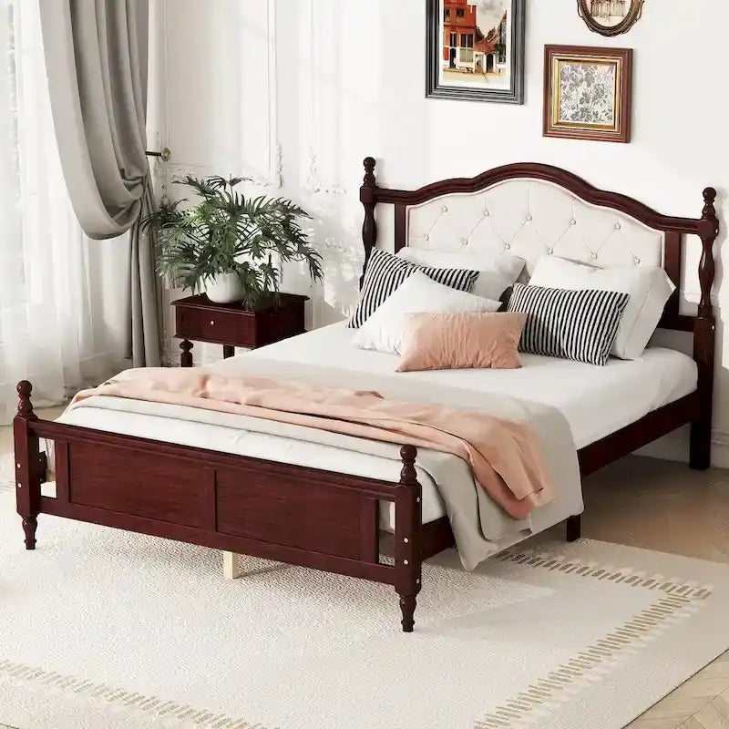 Lit Queen Size avec tête et pied de lit rembourrés, avec deux pieds de support pour longerons de lit et pieds de support pour plateforme centrale