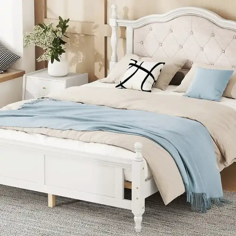 Lit Queen Size avec tête et pied de lit rembourrés, avec deux pieds de support pour longerons de lit et pieds de support pour plateforme centrale