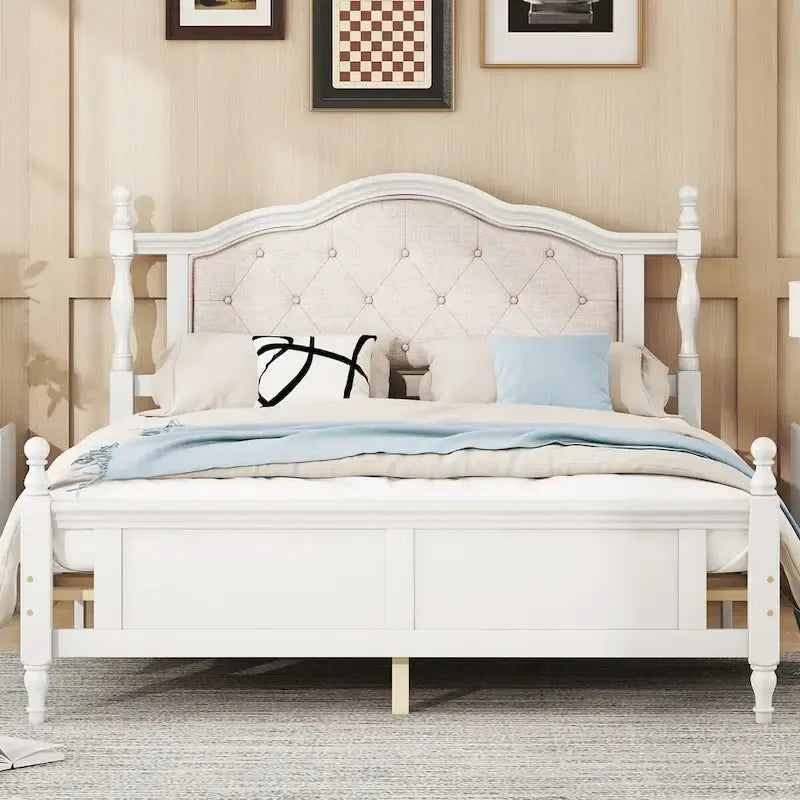 Lit Queen Size avec tête et pied de lit rembourrés, avec deux pieds de support pour longerons de lit et pieds de support pour plateforme centrale