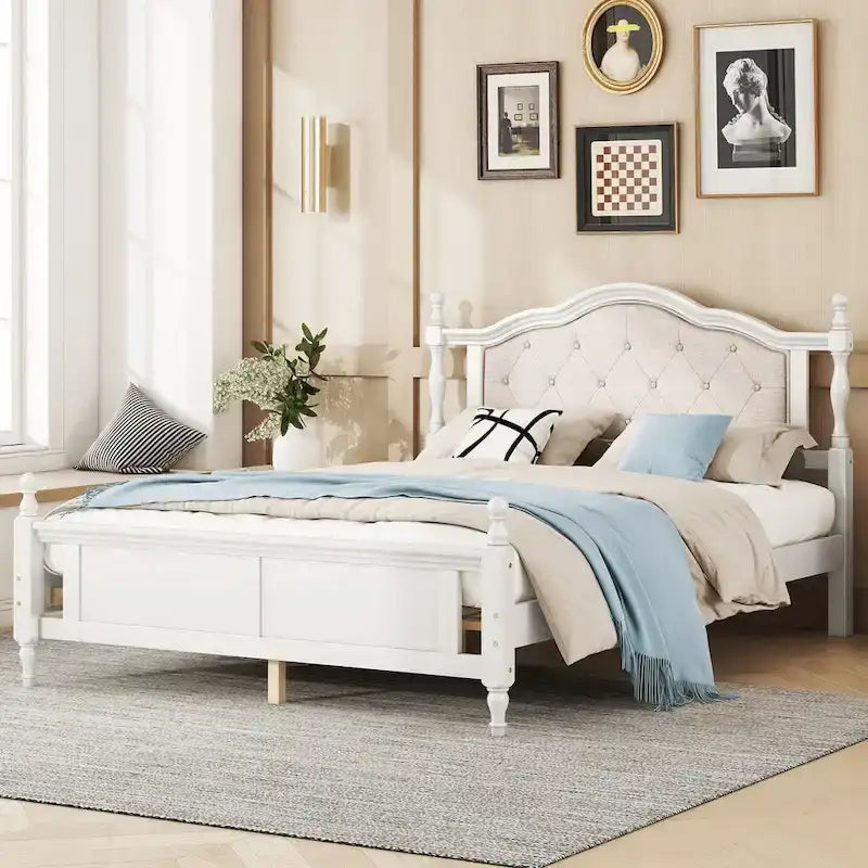 Lit Queen Size avec tête et pied de lit rembourrés, avec deux pieds de support pour longerons de lit et pieds de support pour plateforme centrale