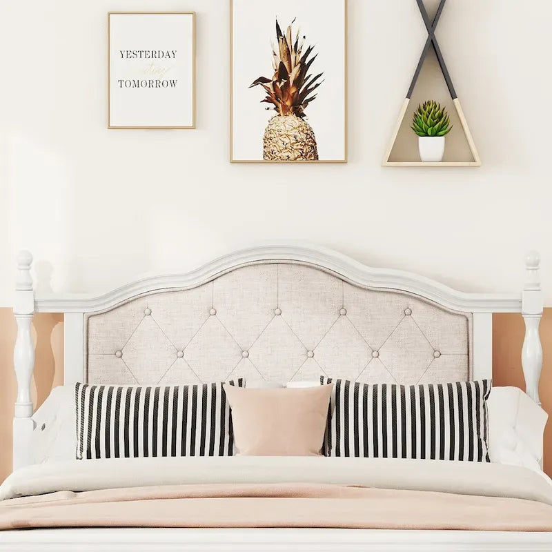 Lit Queen Size avec tête et pied de lit rembourrés, avec deux pieds de support pour longerons de lit et pieds de support pour plateforme centrale