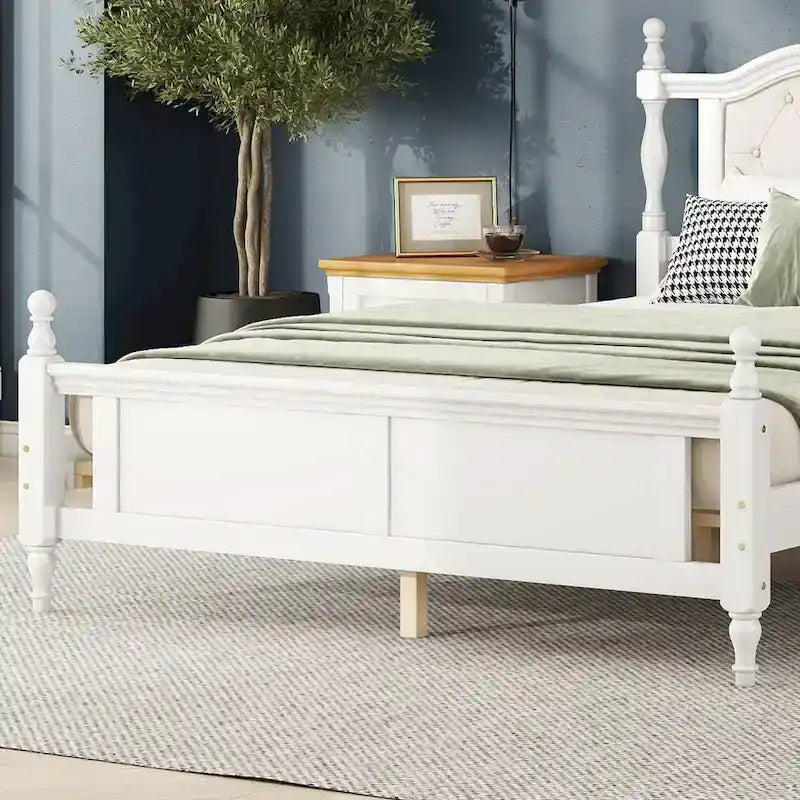 Lit Queen Size avec tête et pied de lit rembourrés, avec deux pieds de support pour longerons de lit et pieds de support pour plateforme centrale