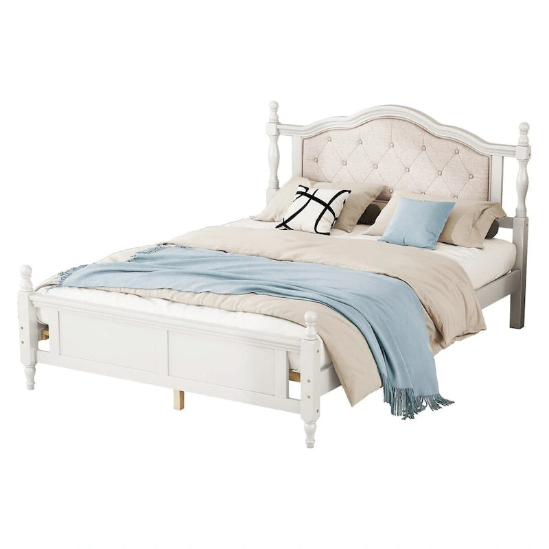 Lit Queen Size avec tête et pied de lit rembourrés, avec deux pieds de support pour longerons de lit et pieds de support pour plateforme centrale