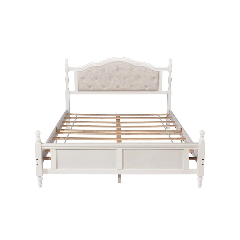 Lit Queen Size avec tête et pied de lit rembourrés, avec deux pieds de support pour longerons de lit et pieds de support pour plateforme centrale