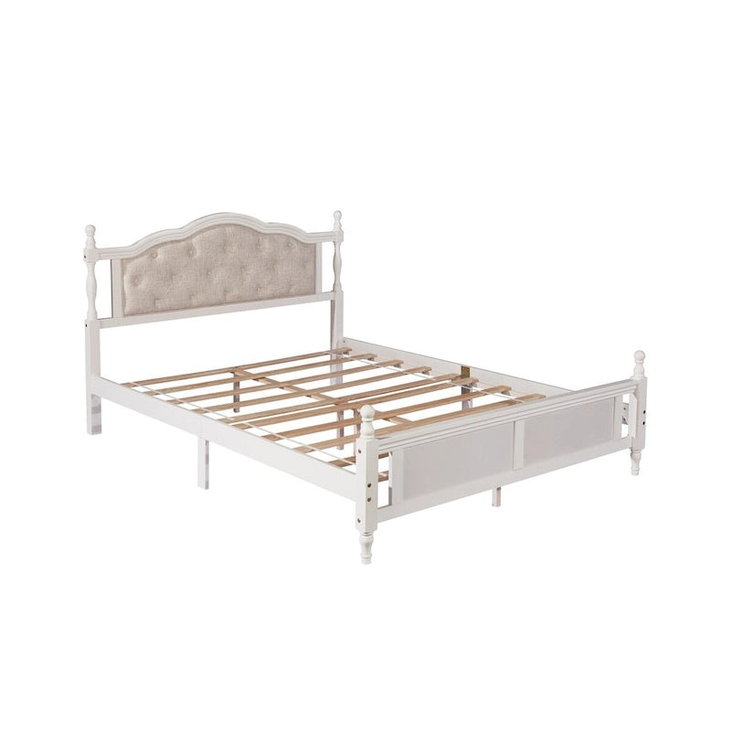 Lit Queen Size avec tête et pied de lit rembourrés, avec deux pieds de support pour longerons de lit et pieds de support pour plateforme centrale