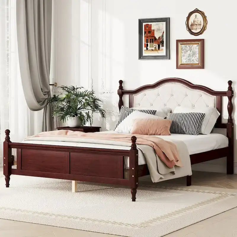 Lit Queen Size avec tête et pied de lit rembourrés, avec deux pieds de support pour longerons de lit et pieds de support pour plateforme centrale