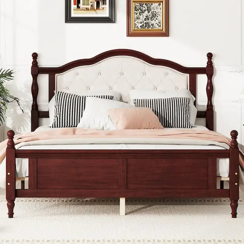 Lit Queen Size avec tête et pied de lit rembourrés, avec deux pieds de support pour longerons de lit et pieds de support pour plateforme centrale