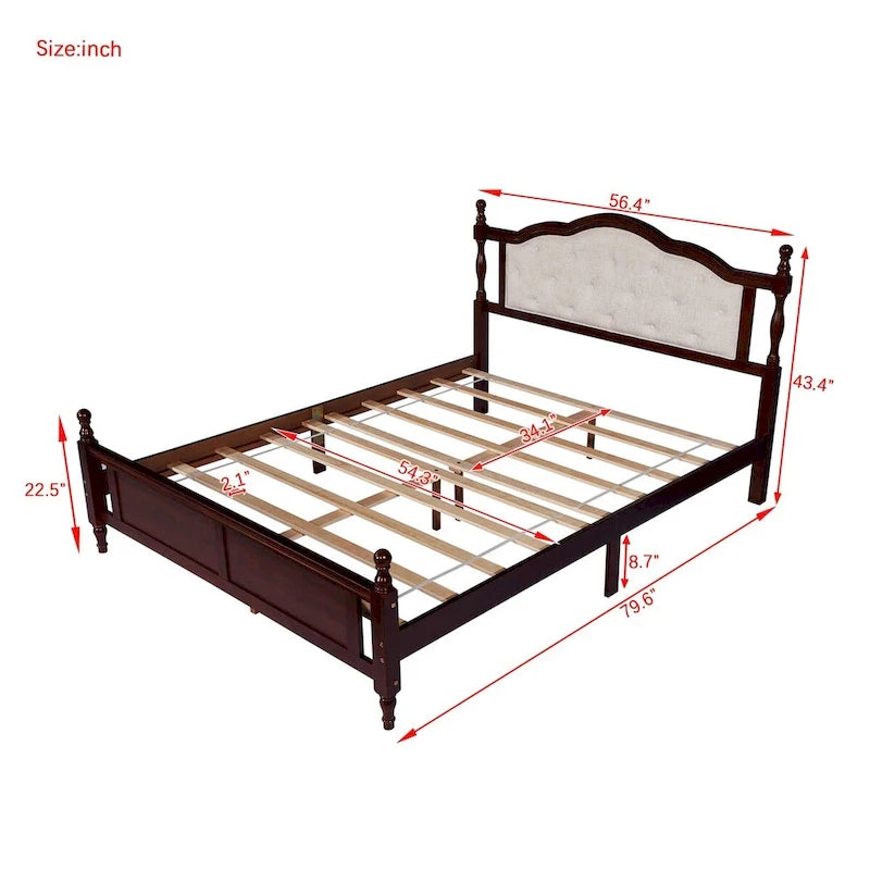 Lit Queen Size avec tête et pied de lit rembourrés, avec deux pieds de support pour longerons de lit et pieds de support pour plateforme centrale