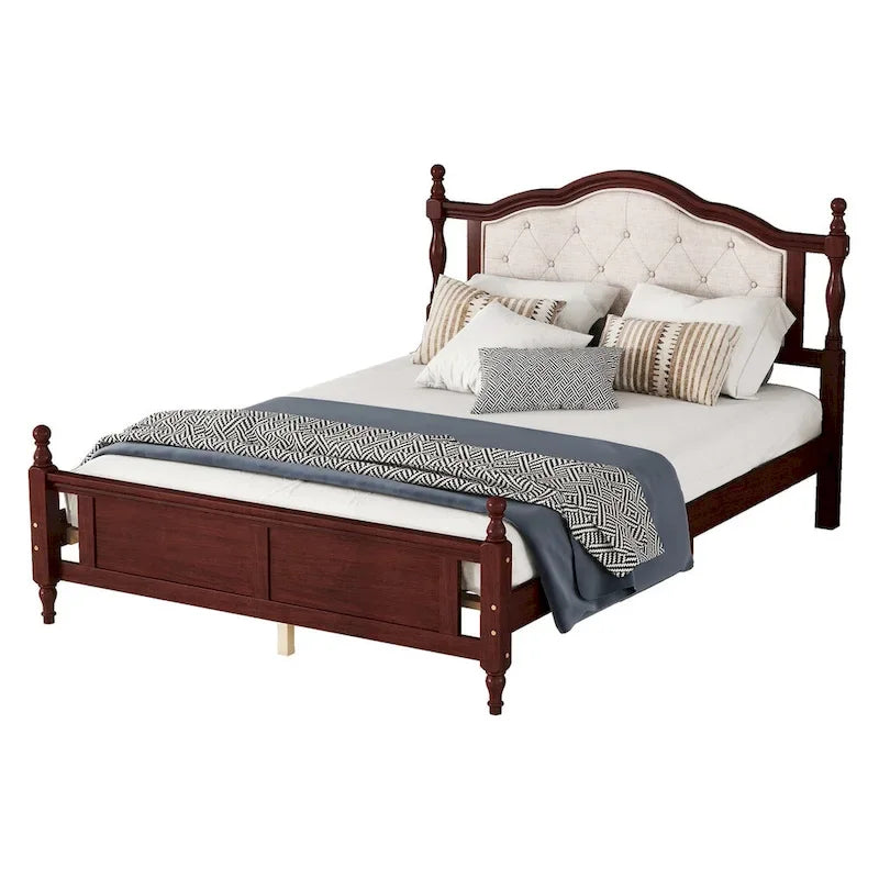 Lit Queen Size avec tête et pied de lit rembourrés, avec deux pieds de support pour longerons de lit et pieds de support pour plateforme centrale