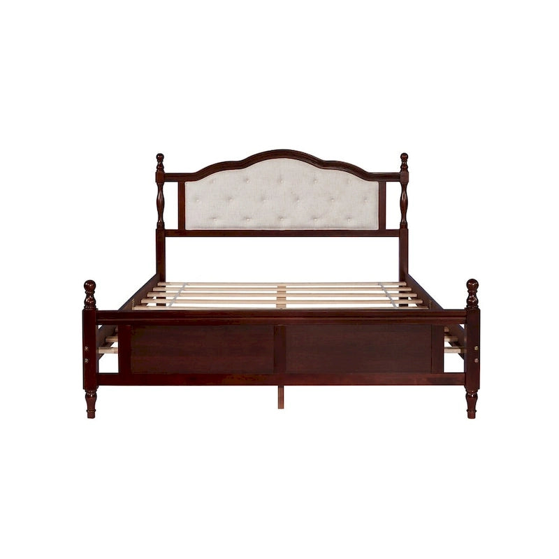 Lit Queen Size avec tête et pied de lit rembourrés, avec deux pieds de support pour longerons de lit et pieds de support pour plateforme centrale